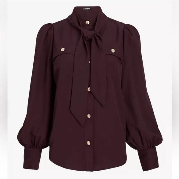 EXPRESS Portofino Balloon Sleeve Button down Blouse Medium missing scarf - Picture 6 of 8